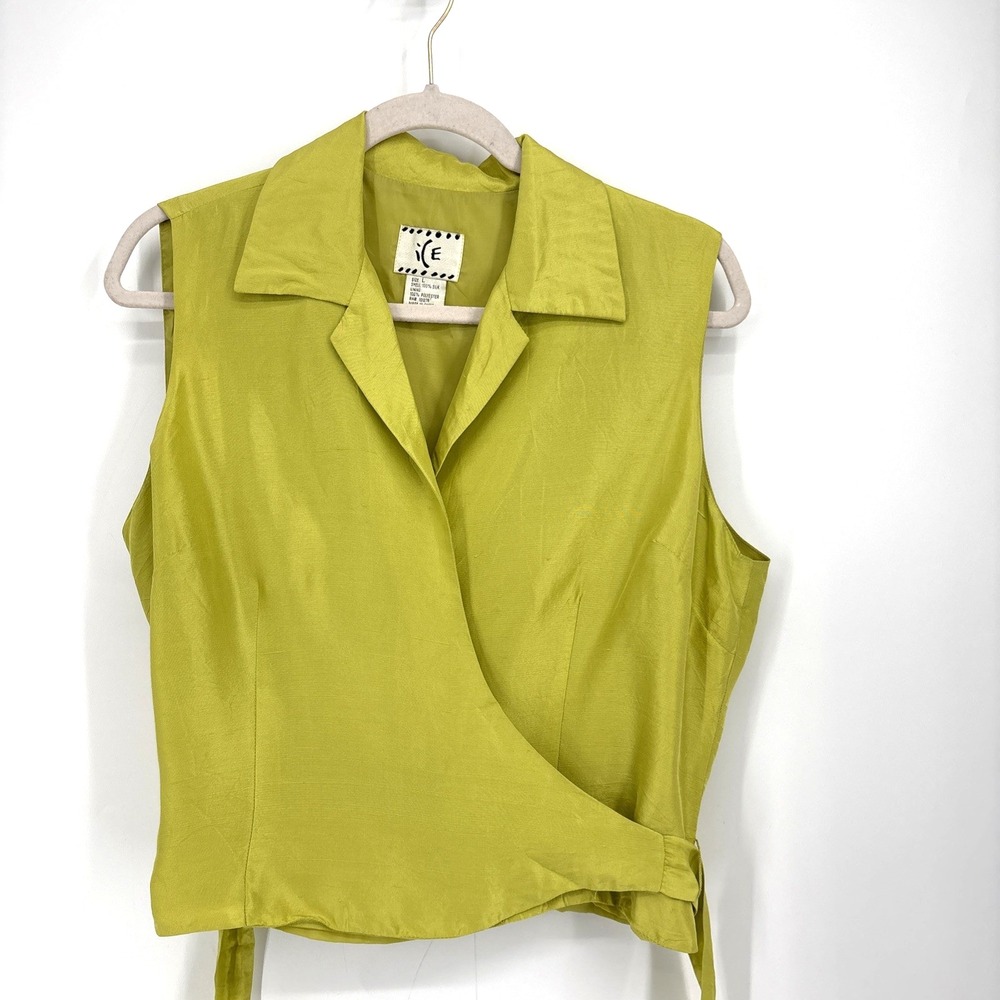 Ice Silk Sleeveless Wrap Blouse Large Chartreusse Front Side Tie Quiet Luxury